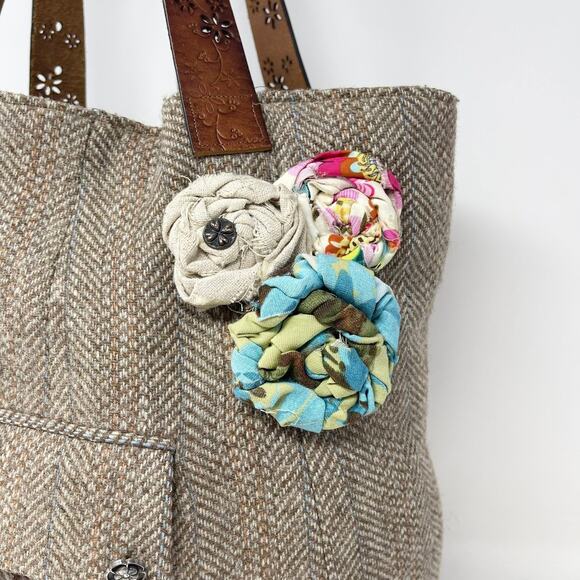 Y2K Handmade Reversible Tote Bag Brown Tweed Blue Flowers Buttons Leather Belt - Picture 4 of 14
